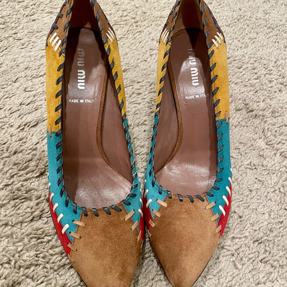 Prada MIU MIU sz 37 Gorgeous Patchwork suede pumps pointed toes US 6.5